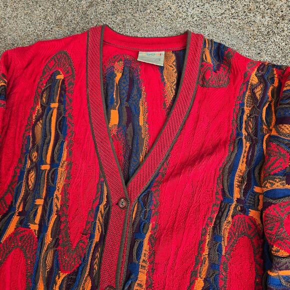 Vtg 90s COOGI Abstract Multicolor 3D Pattern Heavyweight Knit Cardigan Sweater M - Picture 3 of 7